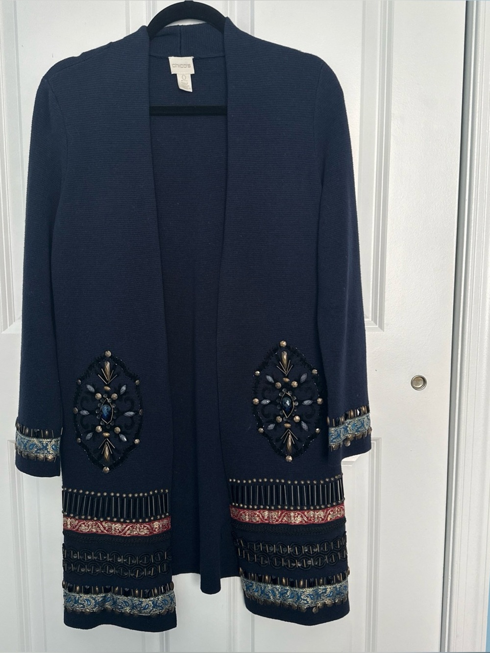 Chico’s Embellished Elektra Open Front Cardigan Size 0 Small Navy Blue ECU